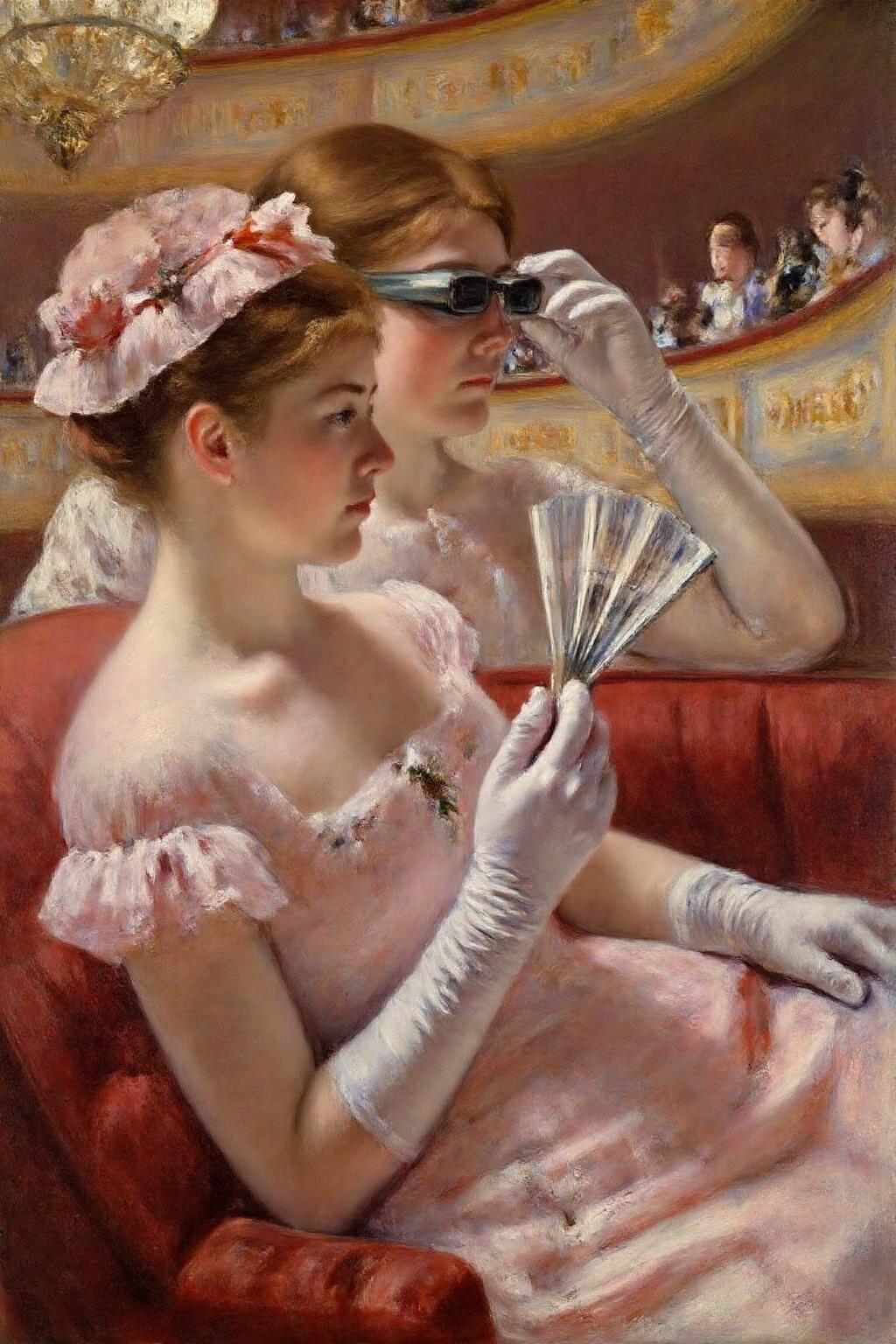 marycassatt1 painting
Profiles of two woman in an elegant, ornate theater box. The women in the front is holding a fan. The woman behide her looking through a pair of opera glasses. She is wearing white gloves. <lora:marycassatt1_cap_d6a3e17:1.0><lora:833893129439527470:0>