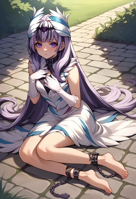 score_9, score_8_up, score_7_up, source_anime, BREAK 1girl, solo, looking at you, parted lips, shy, hand on own chest, <lora:VeyleFE-pdxl:1> defVeyl, purple eyes, long hair, multicolored hair, feather hair ornament, choker, white elbow gloves, feather dress, sleeveless, ankle cuffs, barefoot, outdoors, cobblestone, medieval, grass