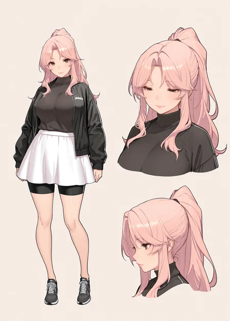 perfect quality, best quality, masterpiece, 1girl, solo, mature female,
beige background, multiple views, close-up, character sheet, reference sheet, from side, facing viewer, facing viewer,
<lora:kaiseisakuraba-10:1> kaiseisakuraba,
black jacket, open jacket, white skirt, black turtleneck, shorts under skirt, sneakers,