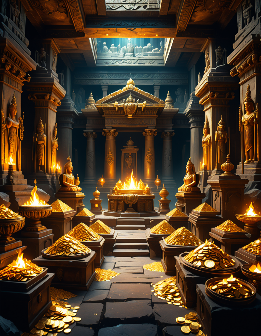 score_9, score_8_up, score_7_up,amazing quality, ultra realistic, 3D, HD, best quality, amazing quality, very aesthetic, absurdres
A hidden treasure chamber deep within an ancient temple, illuminated by the warm golden glow of torches and mystical blue light from enchanted crystals. The room is filled with piles of gold coins, jewel-encrusted goblets, and ancient artifacts covered in dust. Massive stone statues of forgotten deities guard the chamber, their eyes glowing faintly as if watching intruders. In the center, a grand pedestal holds a legendary artifactâan ornate golden crown encrusted with emeralds and sapphires, shimmering with an otherworldly aura. The walls are adorned with intricate carvings depicting lost civilizations, and creeping vines hint at centuries of abandonment. The atmosphere is mystical and slightly eerie, with a sense of both wonder and danger. The air is thick with the scent of aged parchment and burning incense, adding to the chamberâs ancient and mysterious feel. Cinematic lighting with dramatic shadows enhances the depth and richness of the scene, creating a visually stunning and immersive environment.
<lora:SDXLFaeTastic2400:0.4> <lora:extremely_detailed:0.4> extremely detailed,treasure ch4mb3r, <lora:treasure_ch4mb3r-p:1>
