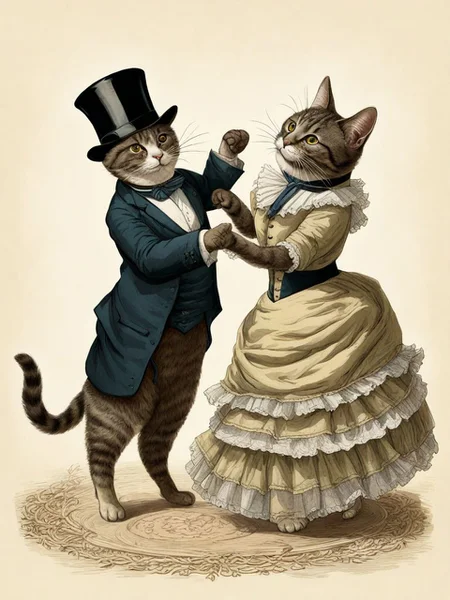 A victorian HuMeow couple dancing together <lora:SDXL-HuMeow-LoRA-r8-000003:1>