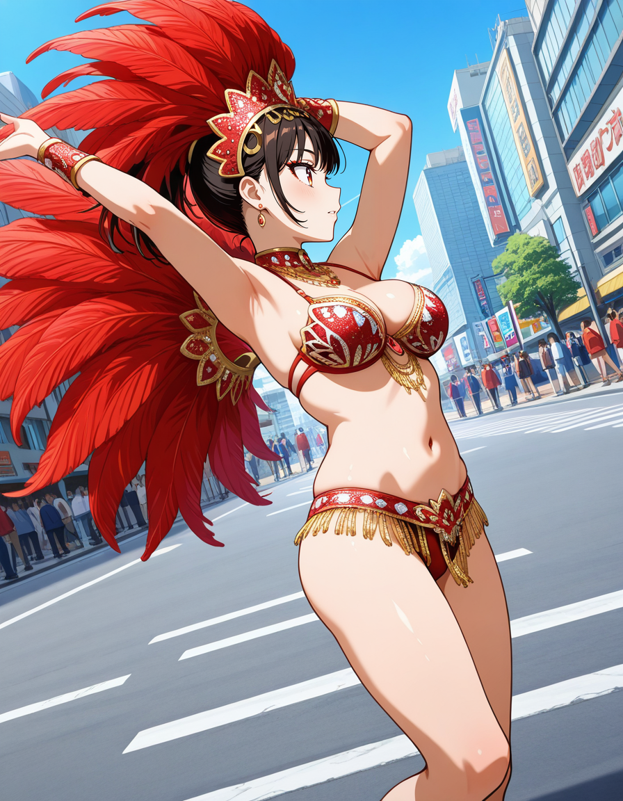 score_7_up, anime BREAK official art, solo, 1girl, one girl, 
dynamic angle, dynamic pose, megami magazine, 
BRERAK, 
<lora:Asakusa_Samba_Carnival_v2:0.8>, Asakusa Samba Carnival, outdoors, day, road, street, city, building, multiple girls, solo focus, dancing, Samba costume, 
breasts, jewelry bikini, red costume, headdress, 
(masterpiece:1.3), best quality, high resolution, unity 8k wallpaper, extremely detailed CG, 8K, perfect anatomy, highly finished, masterpiece, best quality, high quality, amazing quality, great quality, very aesthetic, ultra detailed, highres, absurdres, highly detailed, highly detailed background,