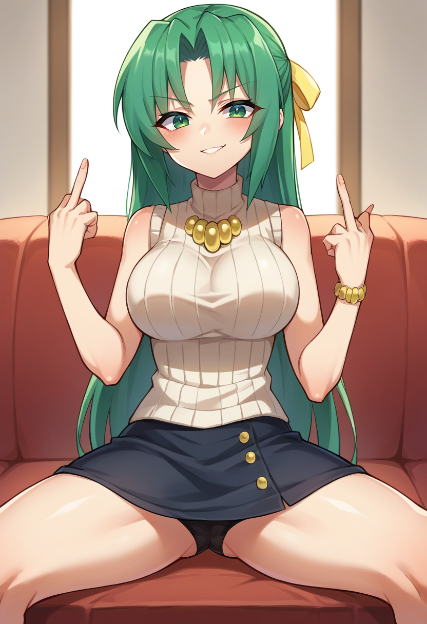score_9, score_8_up, score_7_up, 1girl, solo, source_anime  BREAK  sonozaki shion, green hair, long hair, green eyes, yellow ribbon, turtleneck sweater, black skirt, yellow necklace, sitting on couch, spread legs, middle finger,  <lora:SHionAdapt0.5 15-000010:1>