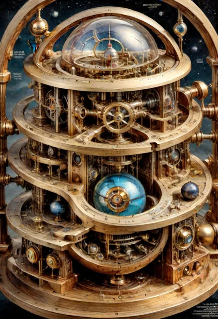 national geographic, best quality, masterpiece, award winning photo, fantasy landscape, extremely detailed, HDR, a photorealistic exploded view of a clockwork steampunk astrolabe armilar sphere, labeled parts, technical details, cross-section view, characteristic astronomy, focus, contrast, brightness, realistic style, scientific accuracy, clear and concise