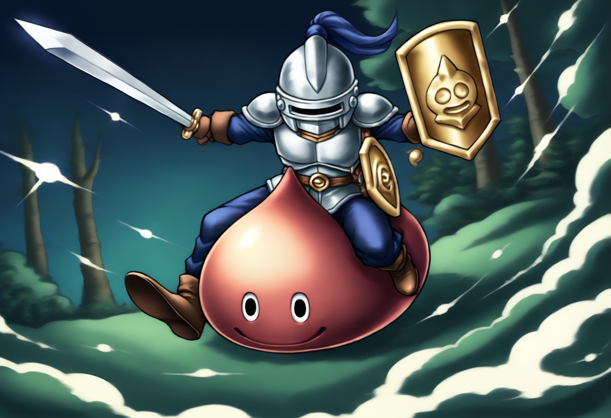 score_9,score_8_up,score_7_up,best quality,masterpiece,super detailed,extreme detailed,full_body,zPDXL BREAK forest,night,2 others,2 monsters,
<lora:Pony_DetailV2.0:1>,slime knight,slime_(dragon_quest),armor,helmet,holding shield,holding sword,knight,<lora:slime knight:1>,look_at_each_other,riding,charging forward,sword_foward,