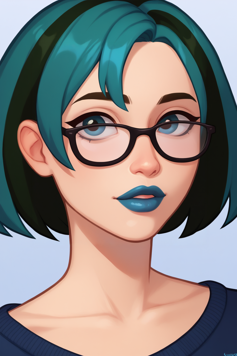 score_9, score_7_up, BREAK  <lora:vitalis-guy-PONYv1:1>, 1girl, solo,  <lora:gwentd-guy-ponyv1:0.85> gwentd, two-tone hair, sweater, portrait, glasses, blue lips,