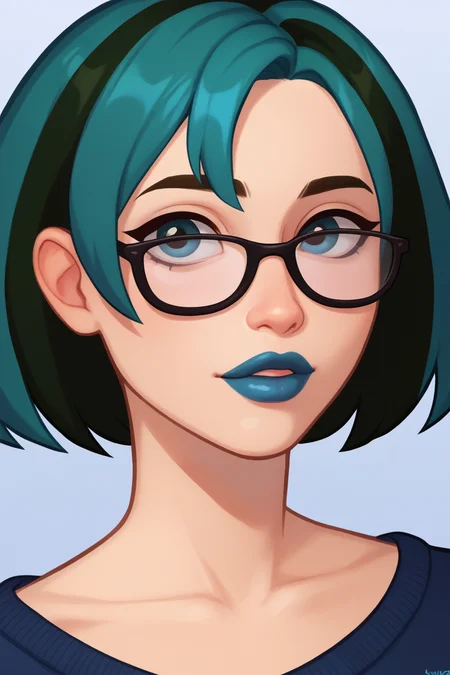 score_9, score_7_up, BREAK <lora:vitalis-guy-PONYv1:1>, 1girl, solo, <lora:gwentd-guy-ponyv1:0.85> gwentd, two-tone hair, sweater, portrait, glasses, blue lips,