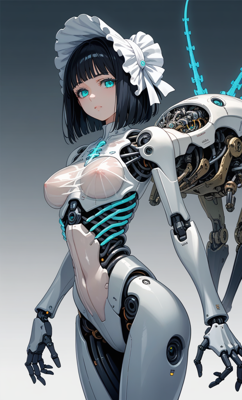 score_9, score_8_up, score_7_up, ASCII score_9, source_anime, 8K, UHD, high detail RAW color art, intricate details, beautiful atmosphere, sharp eyelid, sharp eyelashes, thick eyelashes, long eyelashes, beautiful skin, beautiful face, curvaceous figure, perfect anatomy, perfect hands, sharp out line, detailed embroidery, detailed backgrounds, Visual Representation, manga style,
1girl, solo, aqua eyes, black hair, glowing, medium hair, android,  show through body, transparent, (transparent body), bone, see-through body, skeletal body,  Show less, spine, ribs, robot, science fiction, mecha bonnet, mechabare, mechanical spine,  looking at viewer, breasts, adult, mature very aesthetic, high definition, very aesthetic, sensitive, gradient background,