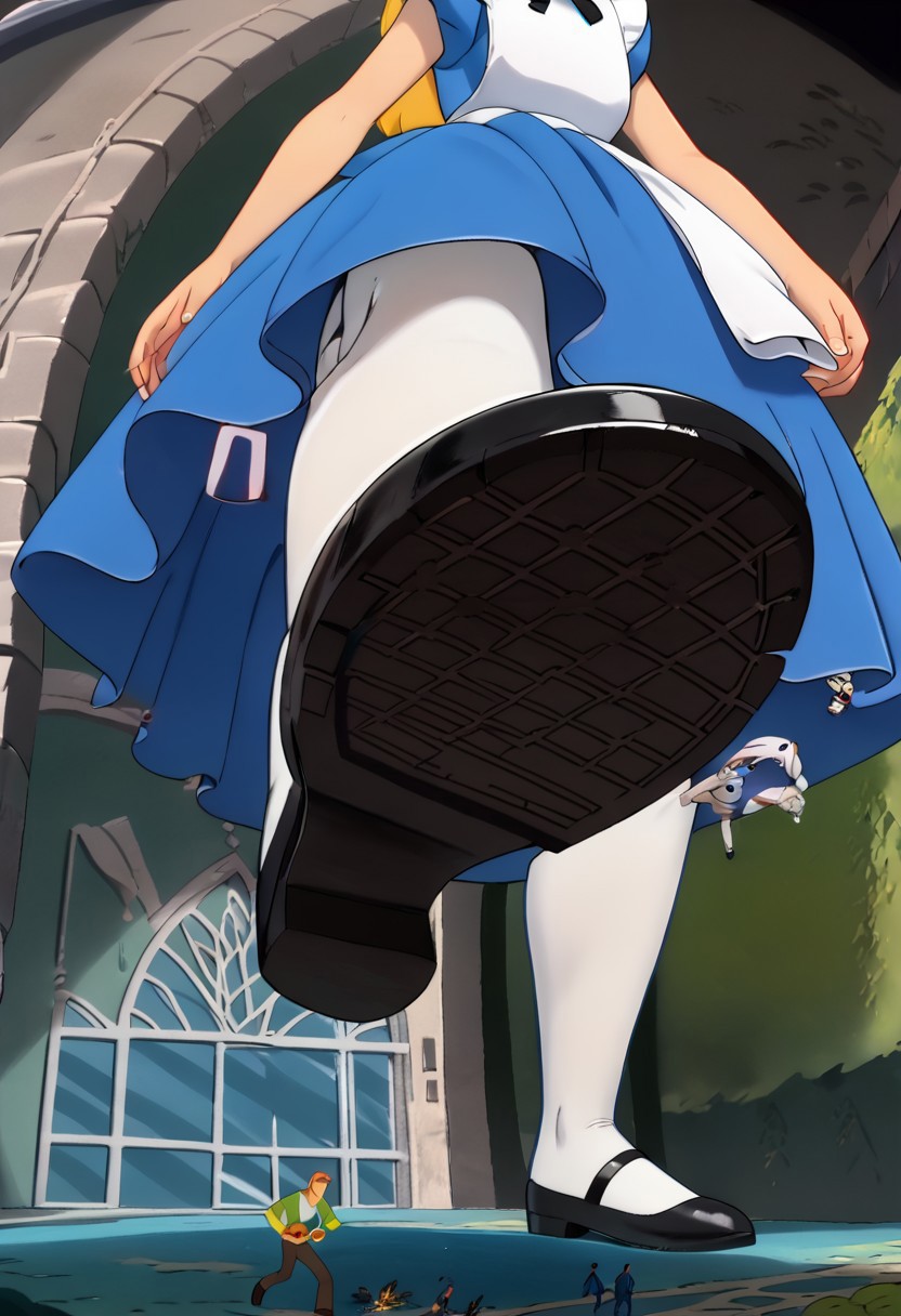 1girl, AliceWonder, blonde hair, blue eyes, black hairband, blue dress, white apron, back bow, white pantyhose, black footwear, smiling, lifting foot, winx club, 1girl, solo, full body, imminent_stomp, giantess, macro, view from below, shoe sole