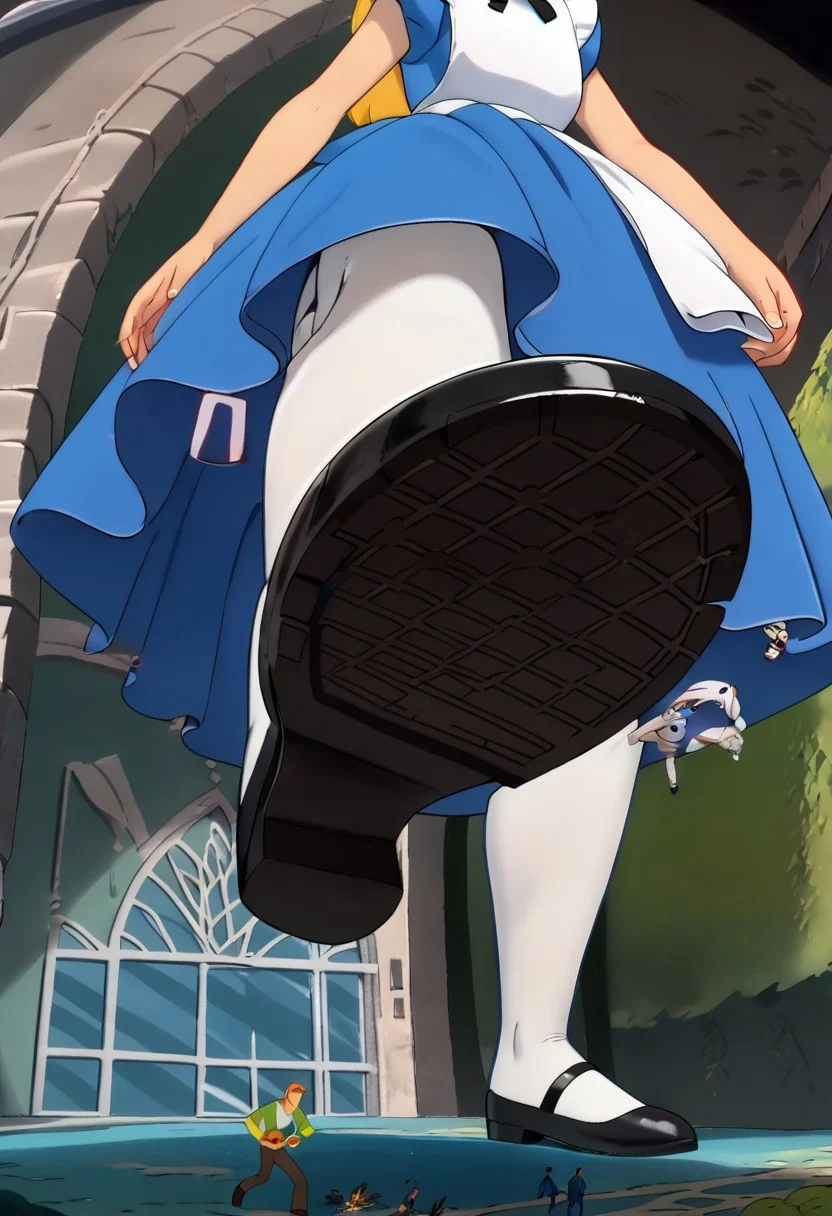 1girl, AliceWonder, blonde hair, blue eyes, black hairband, blue dress, white apron, back bow, white pantyhose, black footwear, smiling, lifting foot, winx club, 1girl, solo, full body, imminent_stomp, giantess, macro, view from below, shoe sole