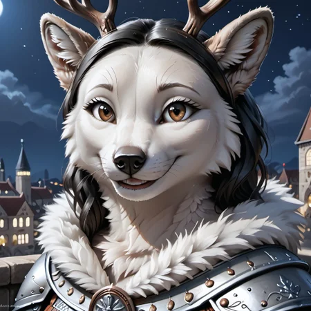 anthro, female raindeer, tufted fur, tufted ears, cheast tuft, fluffy tail, detailed fur, long black hair, raindeer antlers, white fur, brown eyes, detailed face, medium breasts, solo, close-up, smile, medieval city, silver knight armor, night,