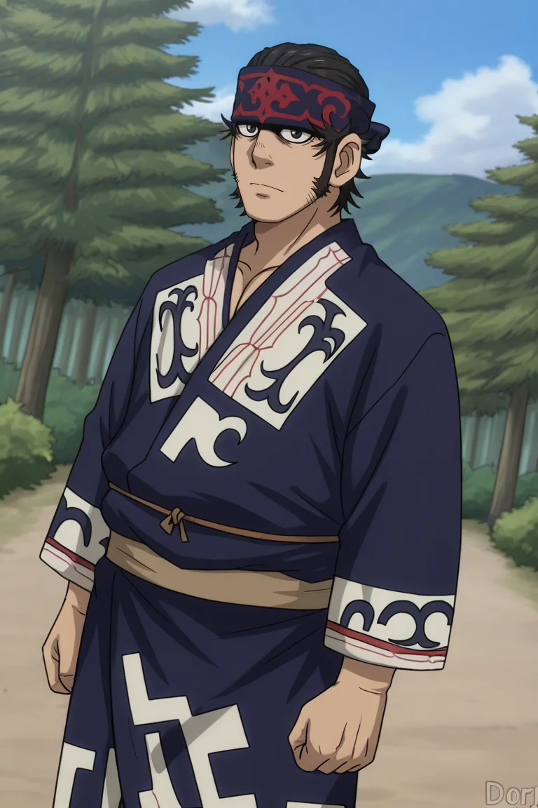 score_9, score_8_up, score_7_up, score_6_up, perfect anatomy, perfect proportions, best quality, masterpiece, high_resolution, high quality, best aesthetic, incredibly absurdres, highres, extremely detailed, huge filesize, solo male, adult, mature, masculine, manly, handsome, charming, alluring, standing, upper body, dutch angle, cowboy shot, perfect face, source_anime \(Golden Kamuy\), anime coloring \(Golden Kamuy\), GKKirawus, Kirawus \(Golden Kamuy), black hair, black eyes, long sideburns, GKKirawuse_outfit01, black Ainu robe, Ruunpe robe \(Ainu clothing\), Ainu pattern, black Ainu headband, Matanpushi \(Ainu headband\), cep-keri \(Ainu salmon leather shoes\), fish skin footwear, outdoor, nature