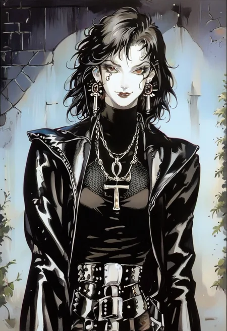 score_9_up, score_8_up, score_7_up, sad 1girl, dark theme, low light, character focus, dinamic composition, best quality, 1990s \(style\), noir, kojima ayami, perfect anatomy, looking at viewer, smile, calling with the finger BREAK Ladydeath, chainmail top, seethrough top, leather pants, egyptian cross on necklaces, goth make up, messy hair, pale skin, eye of ra, thight clothes, BREAK night, street light, alley