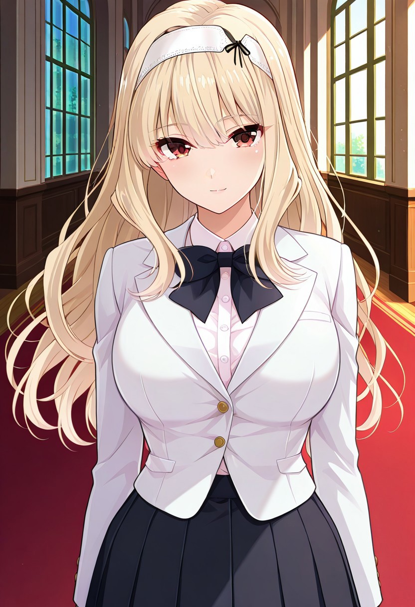 absurdres, best quality, masterpiece, amazing quality, highres, newest, detailed, source anime, anime coloring, beautiful, indoors, mansion,
BREAK
1girl, solo, standing, KijHyou, brown eyes, blonde hair, long hair, white hairband, wavy hair, light smile, light blush, looking at viewer,
White jacket, white inner shirt, black skirt, pleated skirt, black bowtie