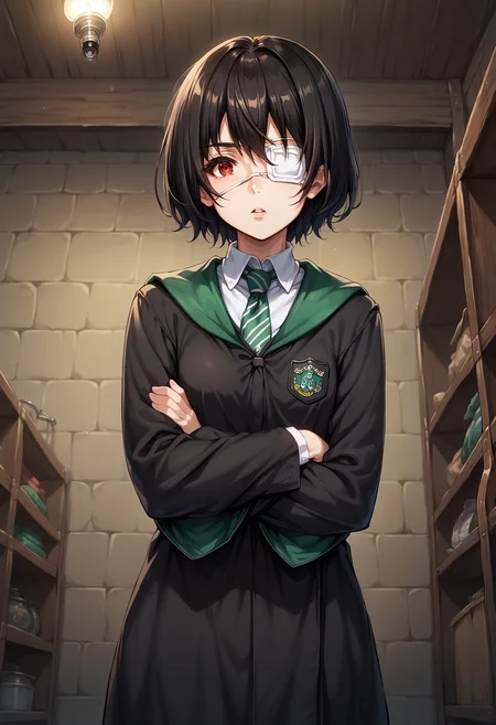 score_9, score_8_up, score_7_up, source_anime, 1girl, solo, looking at viewer, mskr, black hair, short hair, small breasts, EPRobeSlytherin, wearing EPRobeSlytherin, black robe, hood down, wide sleeves, white shirt, collared shirt, ((basement)), dark, dimly lit, shelf, shadow, dramatic lighting, loaded interior, (messy room), (brick wall:0.9), crossed arms, red eyes, eyepatch, green necktie, diagonal-striped necktie, badge, hanging light, light bulb, from below, parted lips