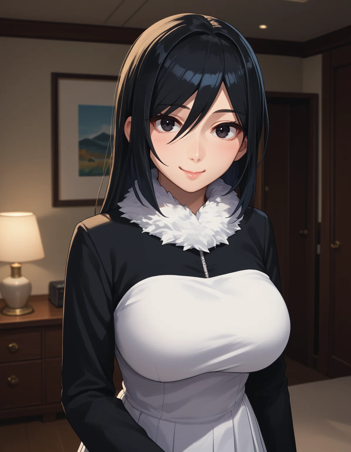 score_9, score_8_up, score_7_up,score_6_up source_anime,kamyuk, black hair, black and white dress, long sleeves, black eyes, fur collar, pleated dress, black pantyhose, long hair,
1girl,huge breasts,upper body, looking at viewer, smile,bedroom
<lora:kamishiro_yuuko-cybersleuth-PonyXL 2.5:1>