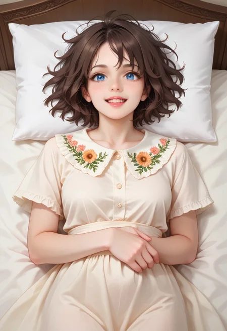 score_9, score_8_up, score_7_up,
masterpiece, best quality, detailed, amazing quality,
detailed background, bedroom, bed, pillows,
detailed eyes, clean eyes,
dynamic pose,
solo, 1woman, woman,
easynegative,
slutty_m3l0dy, pale skin, short hair, blue eyes, dark brown hair, messy hair, curvy, happy,
cute dress, decorative_collar, embroidery, floral print