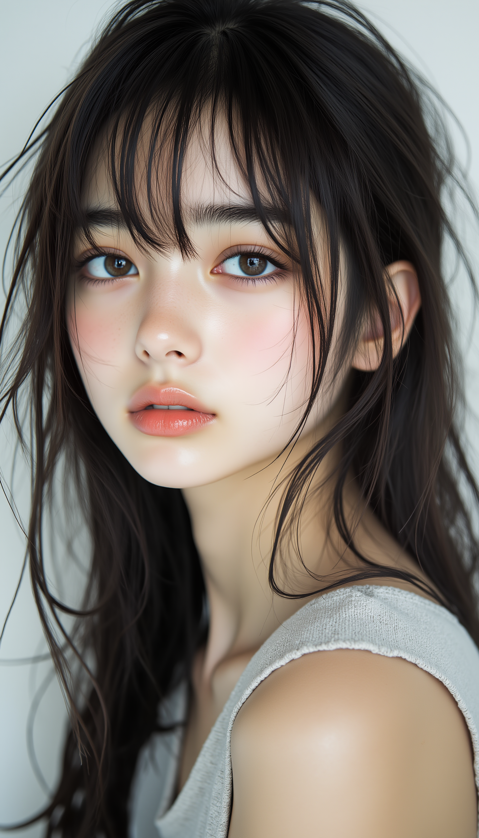 midjourney_whisper_innocent_eyes,  A beautiful teenage Japanese girl with expressive, innocent eyes that hold an undeniable inner strength, as if they can see through to the soul. Her face is perfectly proportioned, reminiscent of a fashion model, but her natural beauty takes center stage. Her makeup is minimal, emphasizing her fresh, youthful skin and delicate features. The simplicity of the background contrasts with the richness of her gaze, making her the clear focal point of the image. Her outfit is understated yet stylish, further highlighting her elegance and poise, <lora:midjourney_whisper_innocent_eyes_v01:1>,