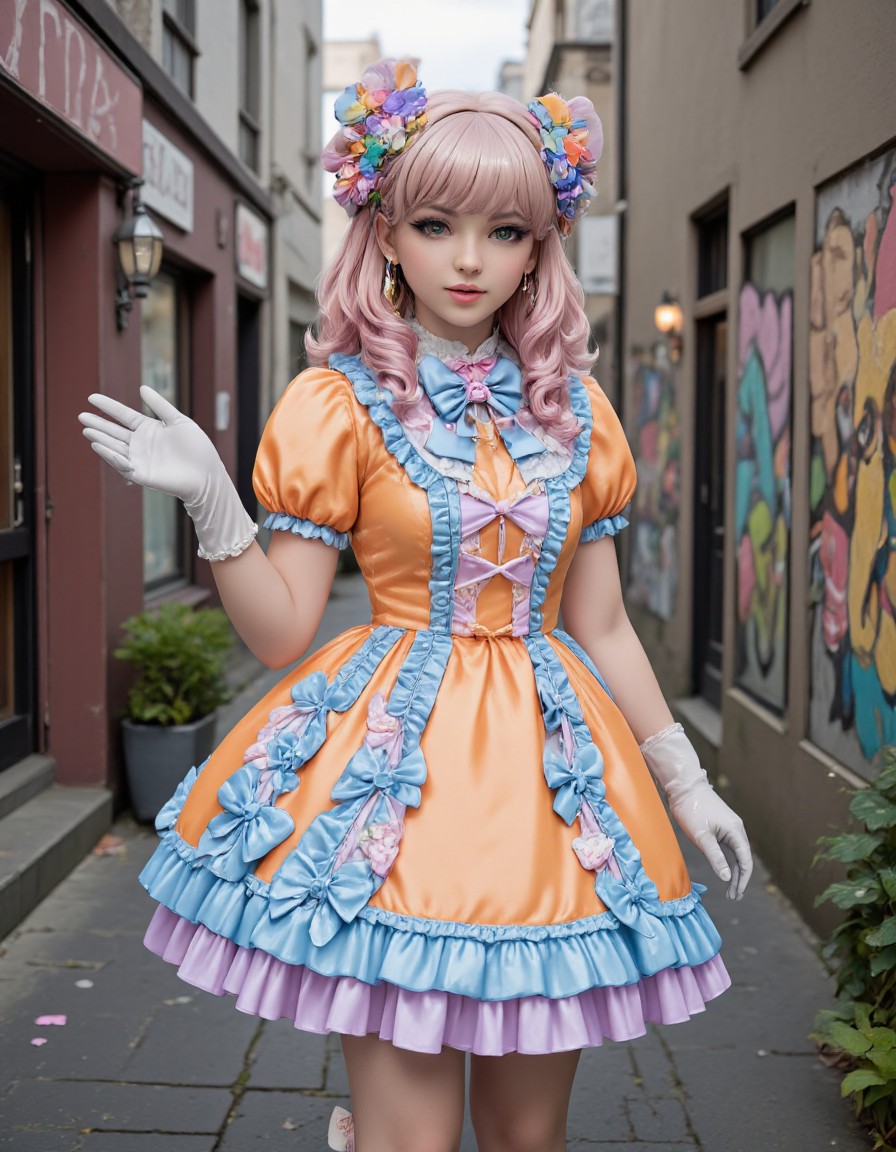 Art by benangbaja featuring a beautiful young woman wearing glossy latex frilly puffy dress decorated with many bow and frills. Her long straight pastel hair is decorated with many flower themed accessories. She is also wearing long latex elbow gloves and cute mary janes boots with bows. She is standing in a side alley between buildings and beckoning to the viewer.
sweetegl, sweetop, swe3tjsk, bl0use,
(latex:1.2), pastel blue, pastel orange, alley, graffiti, 1girl, perfectly flat chest, tiny perky tits, kdny_body_flux