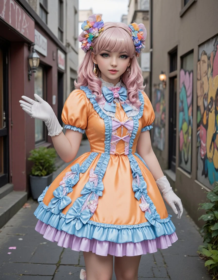 Art by benangbaja featuring a beautiful young woman wearing glossy latex frilly puffy dress decorated with many bow and frills. Her long straight pastel hair is decorated with many flower themed accessories. She is also wearing long latex elbow gloves and cute mary janes boots with bows. She is standing in a side alley between buildings and beckoning to the viewer.
sweetegl, sweetop, swe3tjsk, bl0use,
(latex:1.2), pastel blue, pastel orange, alley, graffiti, 1girl, perfectly flat chest, tiny perky tits, kdny_body_flux