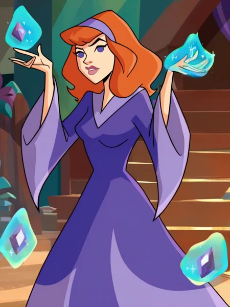 <lora:Daphna:0.7> 1girl, dp_bl, short hair, orange-red hair, bangs, lavender eyes, light-pink lipstick, light-purple headband,
mage, magic, epic pose, magic robe, score_9, score_8_up, score_7_up,