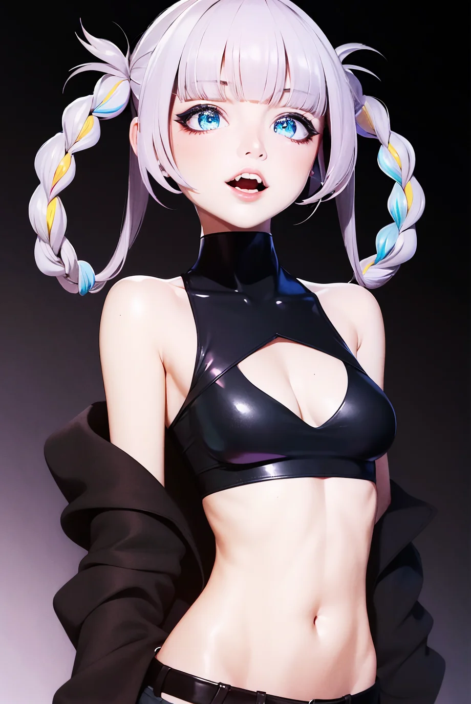 masterpiece, anime style, ((anime screencap)), best quality, beautiful lighting, professional lighting,

nanakusa nazuna, 1girl, bangs, black background, black jacket, black shirt, black shorts, blue eyes, blunt bangs, breasts, cleavage cutout, clothing cutout, crop top, eyeshadow, fangs, gradient hair, grey hair, hair rings, jacket, light purple hair, looking at viewer, makeup, multicolored hair, navel, open mouth, red eyeshadow, shirt, shorts, sleeveless, sleeveless turtleneck, sleeveless turtleneck crop top, small breasts, solo, stomach, turtleneck, turtleneck crop top, two-tone hair, vampire <lora:nanakusa_nazuna_offset:1>
