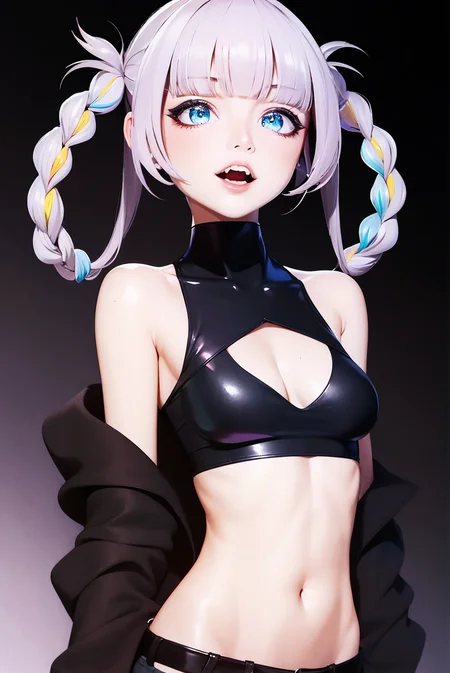 masterpiece, anime style, ((anime screencap)), best quality, beautiful lighting, professional lighting,

nanakusa nazuna, 1girl, bangs, black background, black jacket, black shirt, black shorts, blue eyes, blunt bangs, breasts, cleavage cutout, clothing cutout, crop top, eyeshadow, fangs, gradient hair, grey hair, hair rings, jacket, light purple hair, looking at viewer, makeup, multicolored hair, navel, open mouth, red eyeshadow, shirt, shorts, sleeveless, sleeveless turtleneck, sleeveless turtleneck crop top, small breasts, solo, stomach, turtleneck, turtleneck crop top, two-tone hair, vampire <lora:nanakusa_nazuna_offset:1>