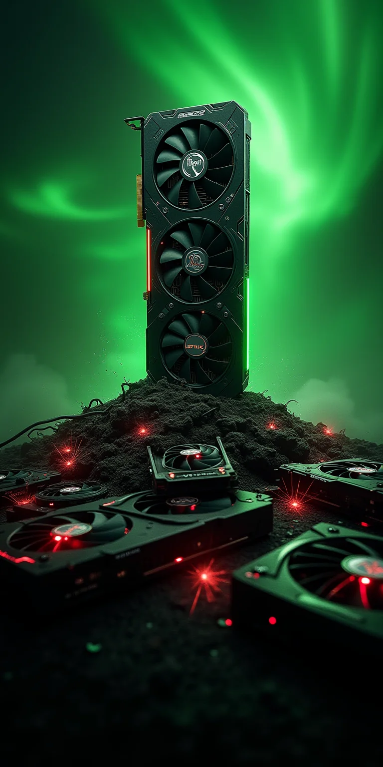 Create a highly detailed image of an Asus Strix 4090 GPU standing proudly atop a pile of defeated AMD graphics cards. The Strix 4090 should be depicted with sleek, futuristic design elements, exuding power and dominance, with glowing green accents representing Nvidia's brand color. Below it, the defeated AMD graphics cards are scattered, some cracked or sparking, with red accents to signify their brand. The background should be a dynamic, tech-inspired environment, with swirling green and red energy or light, symbolizing the intense rivalry between the two brands. The image should convey a sense of victory and technological superiority for the Asus Strix 4090. The ASUS Strix logo should be prominent on the graphics card while also all the defeated graphics card should have AMD logos.