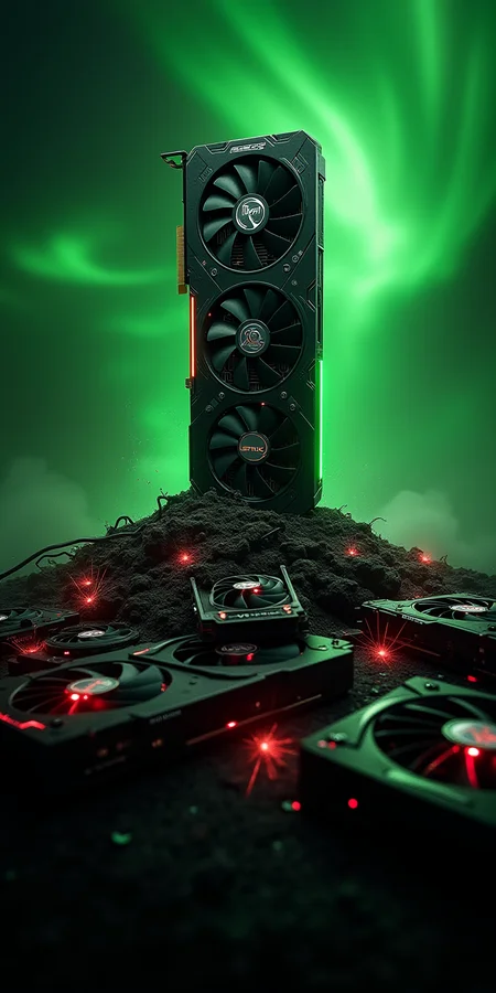 Create a highly detailed image of an Asus Strix 4090 GPU standing proudly atop a pile of defeated AMD graphics cards. The Strix 4090 should be depicted with sleek, futuristic design elements, exuding power and dominance, with glowing green accents representing Nvidia's brand color. Below it, the defeated AMD graphics cards are scattered, some cracked or sparking, with red accents to signify their brand. The background should be a dynamic, tech-inspired environment, with swirling green and red energy or light, symbolizing the intense rivalry between the two brands. The image should convey a sense of victory and technological superiority for the Asus Strix 4090. The ASUS Strix logo should be prominent on the graphics card while also all the defeated graphics card should have AMD logos.