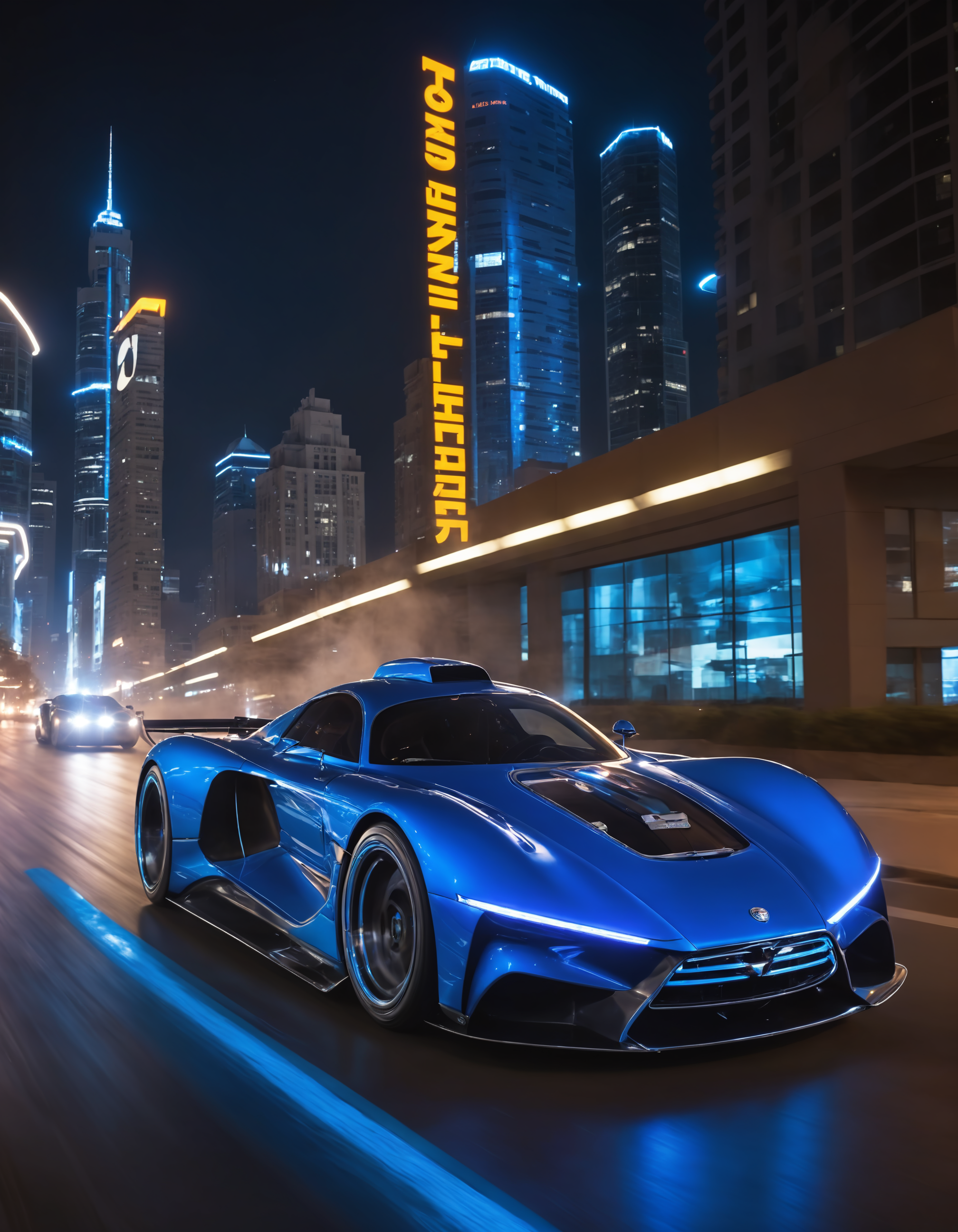 A Photograph of a sleek, futuristic dieselpunk sportscar roaring down a neon-lit, cybernetic highway, its metallic blue body reflecting the vibrant cityscape as it leaves a trail of electrifying blue flames in its wake., undefined