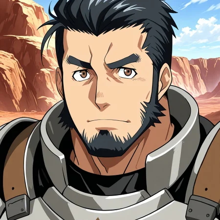 score_9, score_8_up, score_7_up, source_anime, rating_nsfw, ultra hd, absurdres, solo, masterpiece, best quality, best aesthetic, Expressiveh, wolfconf, burankoprn!, 1boy
IxiomSainglain, black hair, sideburns, beard, thick eyebrows, brown eyes, armor, portrait, headshot, looking at viewer, outdoors