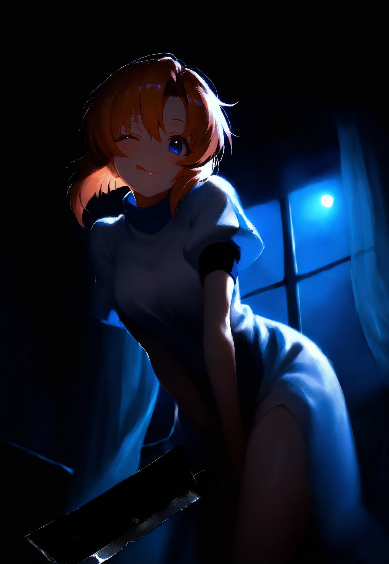 1girl, solo, ryuuguu rena, lips, looking at viewer, blush, wink, smile, (;q:0.8), holding weapon, nata \(tool\) hashitsuki nata, leaning forward, cowboy shot, from below,dutch angle, backlighting, dark, night, moonlight, indoors, curtains, window, masterpiece, best quality, very aesthetic, 