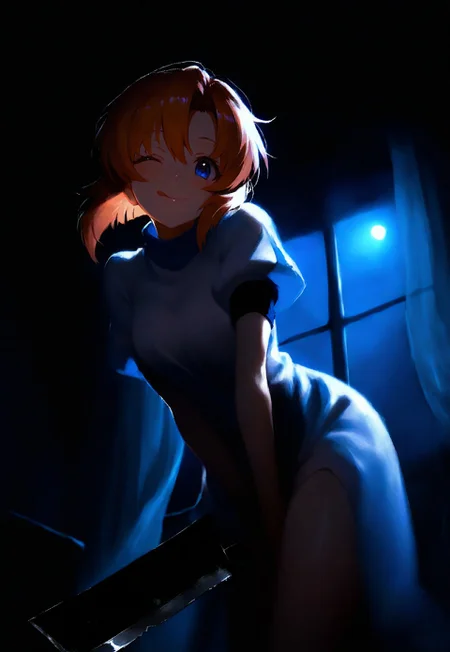 1girl, solo, ryuuguu rena, lips, looking at viewer, blush, wink, smile, (;q:0.8), holding weapon, nata \(tool\) hashitsuki nata, leaning forward, cowboy shot, from below,dutch angle, backlighting, dark, night, moonlight, indoors, curtains, window, masterpiece, best quality, very aesthetic, 