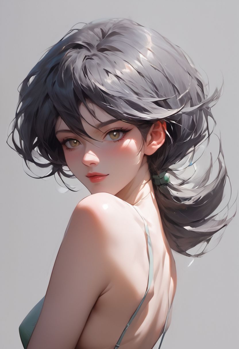 score_9, score_8_up, score_7_up, 1girl, anime artwork, 2d art, (lora:Momoe:1.5), grey background, (3/4 body:1.5), (3/4 view:1.2), dark grey hair color, (seductive  pose:1.5), nsfw,