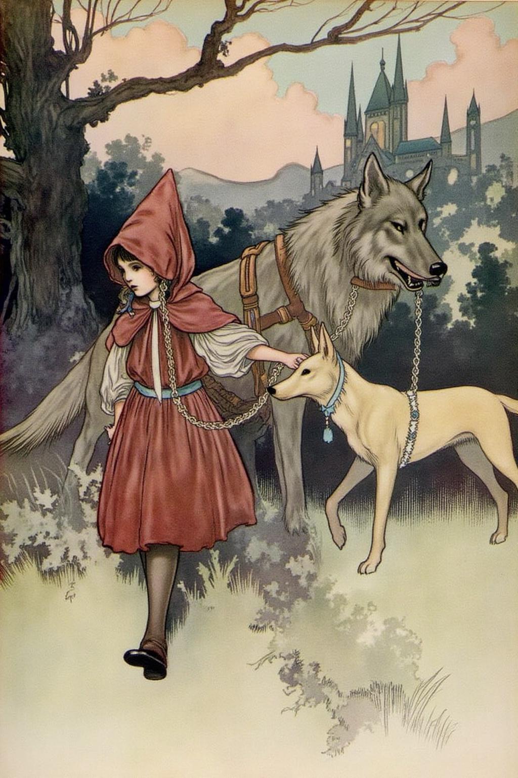 charob1 illustration.
Little Red Ridding Hood walkign along side the Big Bad Wolf.  <lora:charob1_cap_d6a3e11:1.0><lora:824703784916622234:0>
