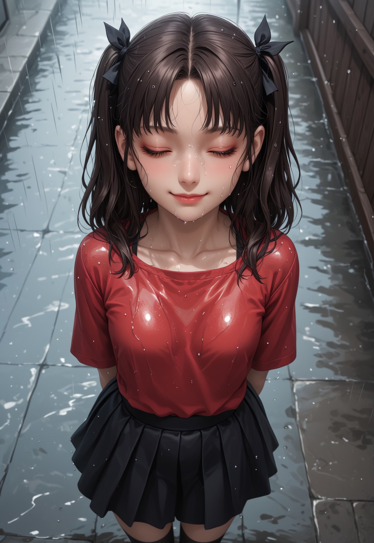 Masterpiece,best quality,highresolution,very aesthetic,((anime style)),detailed eyes,

1 female,Jedrnto, brown hair,black hair ribbons, red shirt, black skirt, black stockings,((arms at sides)),

aerial view,from above,high up,focus face,head back,
standing,(((eyes closed))),wet face,wet clothes,heavy rain,smile,closed mouth,at peace,