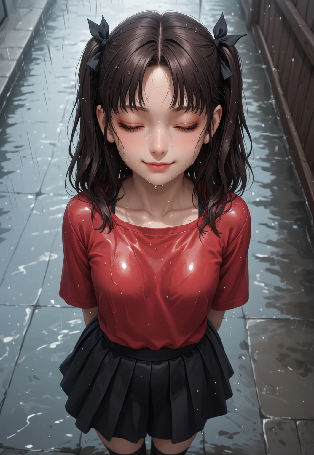 Masterpiece,best quality,highresolution,very aesthetic,((anime style)),detailed eyes,
1 female,Jedrnto, brown hair,black hair ribbons, red shirt, black skirt, black stockings,((arms at sides)),
aerial view,from above,high up,focus face,head back,
standing,(((eyes closed))),wet face,wet clothes,heavy rain,smile,closed mouth,at peace,