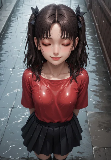 Masterpiece,best quality,highresolution,very aesthetic,((anime style)),detailed eyes,

1 female,Jedrnto, brown hair,black hair ribbons, red shirt, black skirt, black stockings,((arms at sides)),

aerial view,from above,high up,focus face,head back,
standing,(((eyes closed))),wet face,wet clothes,heavy rain,smile,closed mouth,at peace,