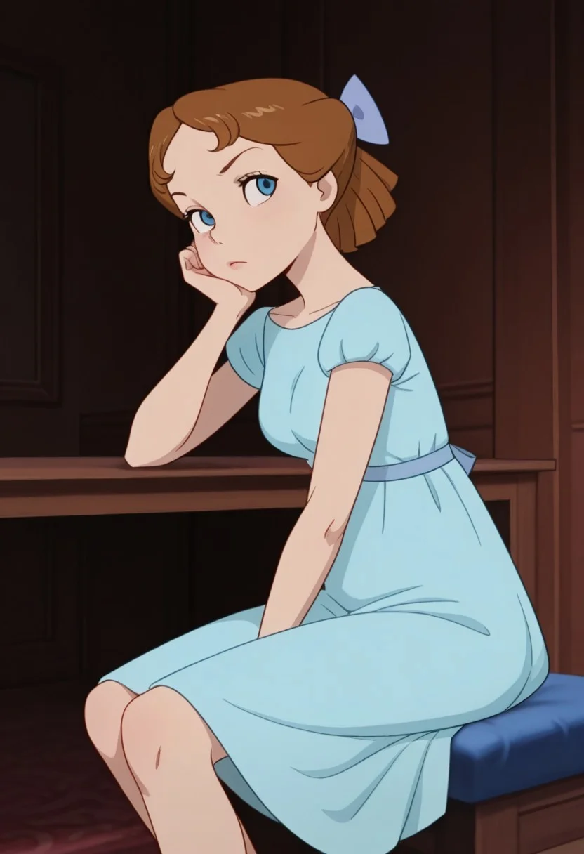 masterpiece, best quality, amazing quality, very aesthetic, absurdres, newest, detailed background, cowboy shot, indoors, dynamic angle, bedroom, perfect eyes, beatiful eyes
wendyxd, dlh, 1girl, short hair, brown hair, solo, sitting, head rest, blue dress, hairbow, blue footwear, medium breasts, blue eyes, looking at viewer