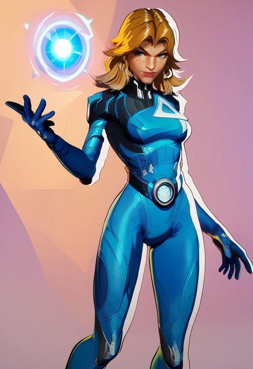 score_9, score_8_up, beautiful face, masterpiece, best quality, newest, absurdres, highres, MarvelRivals, 1girl, 1girl, SueStormBaseSkinV1.1, SueStormBaseSkinRecolorV1.1, blonde hair, blue eyes, bodysuit, blue bodysuit, "4"print on bodysuit,