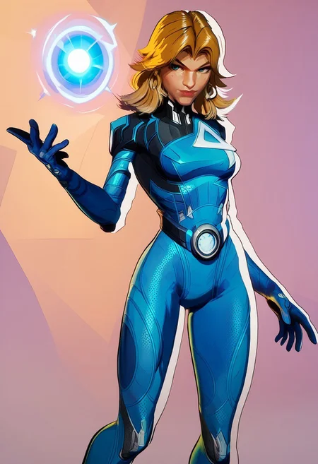 score_9, score_8_up, beautiful face, masterpiece, best quality, newest, absurdres, highres, MarvelRivals, 1girl, 1girl, SueStormBaseSkinV1.1, SueStormBaseSkinRecolorV1.1, blonde hair, blue eyes, bodysuit, blue bodysuit, "4"print on bodysuit,
