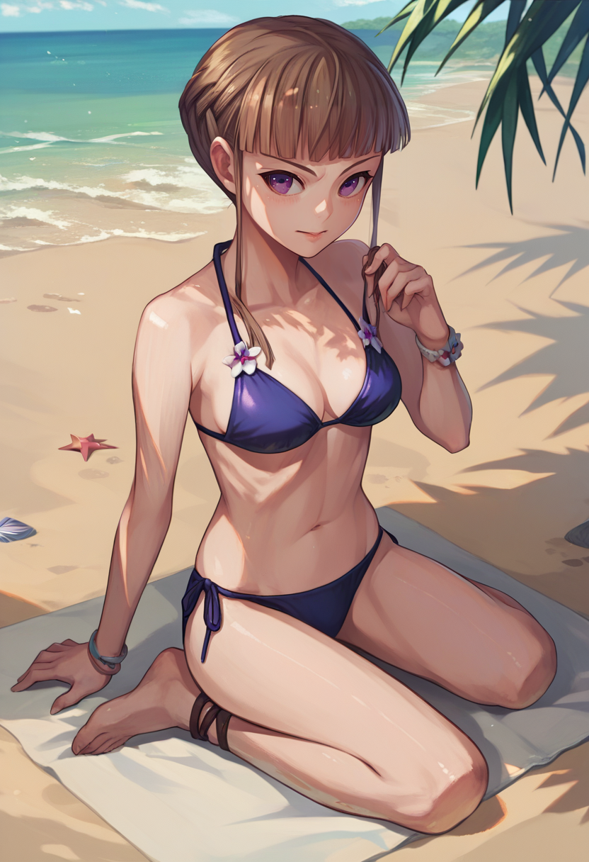 score_9, score_8_up, score_7_up, source_anime, Manaka Nemu, short hair, braided hair, brown hair, violet eyes,  bikini, beach, <lora:NemuCAME2-000009:1>