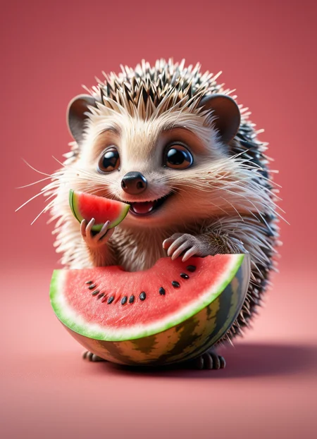 a small hedgehog holding a piece of watermelon with its tiny paws, taking little bites, eyes closed in delight, cute ink highly detailed intricated concept art trending artstation 8k <lora:Cute_3D_Cartoon:0.35>, subsurface scattering, Photorealistic, Hyperrealistic, analog style, realistic, film photography, soft lighting, heavy shadow