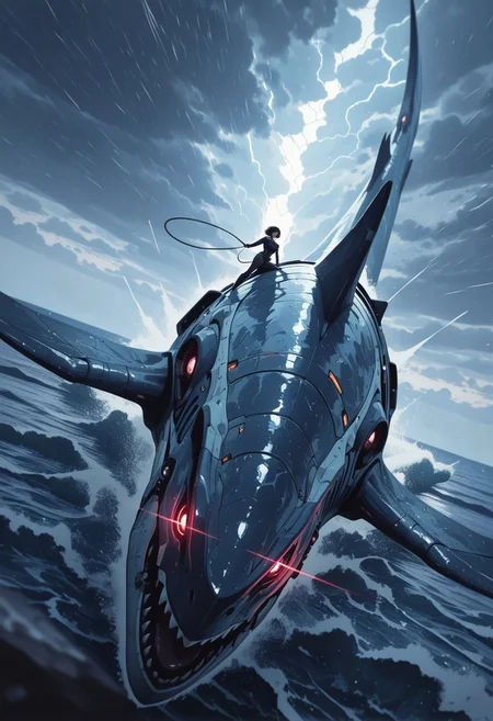 masterpiece, best quality, good quality, very aesthetic, absurdres, newest, 8K, depth of field, focused subject, 1girl, solo, holding leash, riding on megalodon, ocean, storm, sci-fi, lighting, attack, dynamic angle,
,in the style of cknc,
<lora:ck-shadow-circuit-IL:0.6>
<lora:MoriiMee_Gothic_Niji_Style_Illustrious_r1:0.4>
<lora:ck-nc-cyberpunk-IL-000011:0.4>