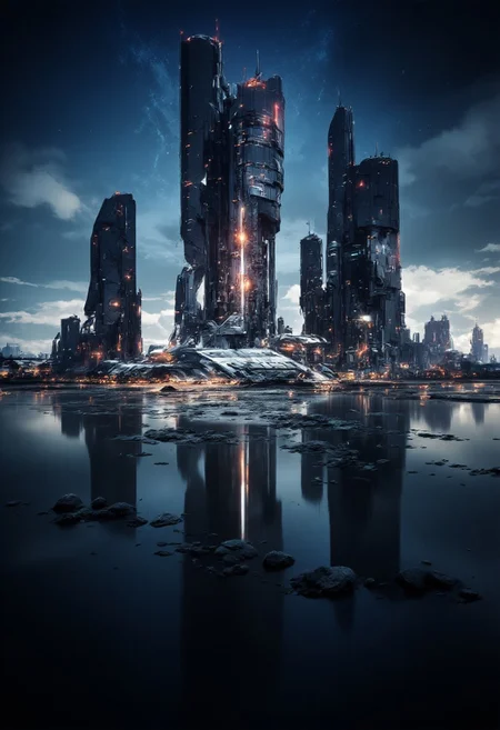 Inkpunk Anime, rough, textural, broad brush strokes, a futuristic sci-fi city with tall, perfectly reflected in a tranquil, still lake, at night, surreal colours, detailed night sky with stars and nebulas, mythp0rt