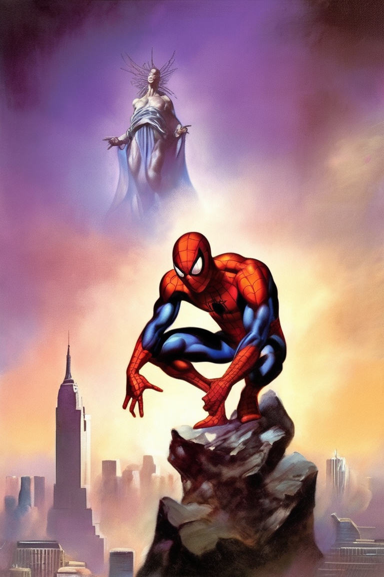 1man, very sharp portrait, spiderman, superhero pose, male focus, cityscape background, stunning background, volumetric light, muscular, fantasy background, ((masterpiece))  <lora:Fantasy_art_XL_V1:0.75> stunning fantasy art by boris vallejo