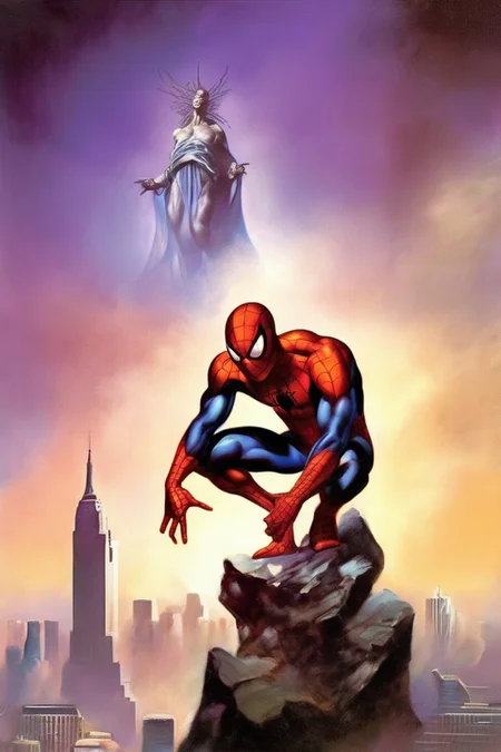 1man, very sharp portrait, spiderman, superhero pose, male focus, cityscape background, stunning background, volumetric light, muscular, fantasy background, ((masterpiece)) <lora:Fantasy_art_XL_V1:0.75> stunning fantasy art by boris vallejo