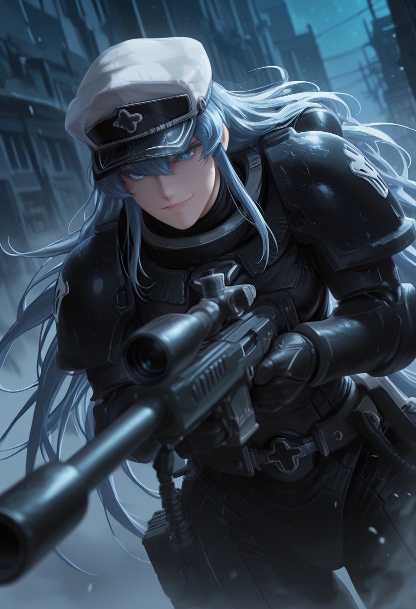 masterpiece, best quality, high quality, newest, highres,8K,HDR,absurdres, dynamic angle, realistic, 1girl, wearing edgRG_(power armor), pauldrons, raven emblem, solo, 1girl, Esdeath, esd3ath, white headwear, peaked cap, long hair, blue hair, blue eyes, perfect eyes, smile, perfect face,  holding a sniper, silhouette, DMZ, creepy, backlit, haunted, night sky, fog, mist, cold, dutch angle, dark outside, solo, close up, mid shot, dutch angle, <lora:edgIllustriousXL_Raven_Guard:1>