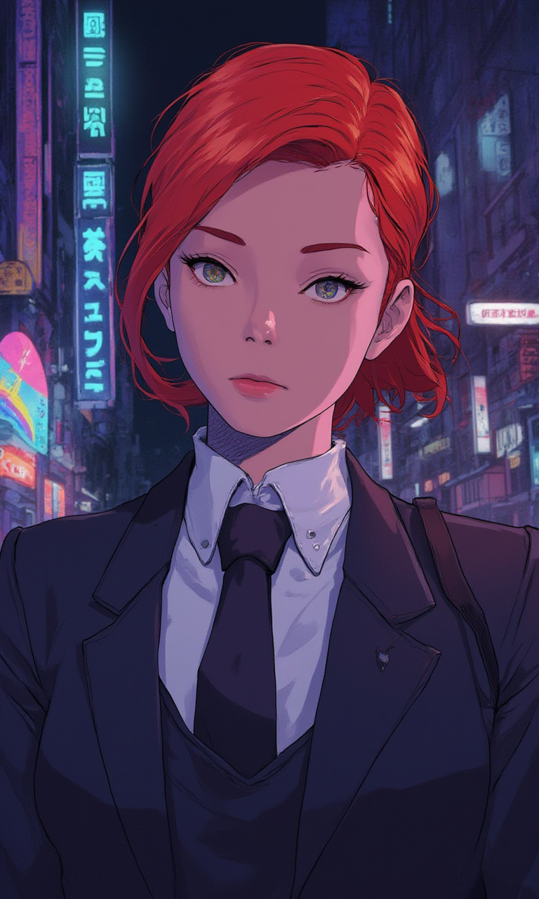 mature woman wearing a suit and tie close up portrait photo , red hair, green eyes, closeup on facecyberpunk anime  city at night, comic illustration<lora:Flux\mine\smalleyes.safetensors:0.5:0.5> <lora:Flux\CPA.safetensors:1.0:1.0>