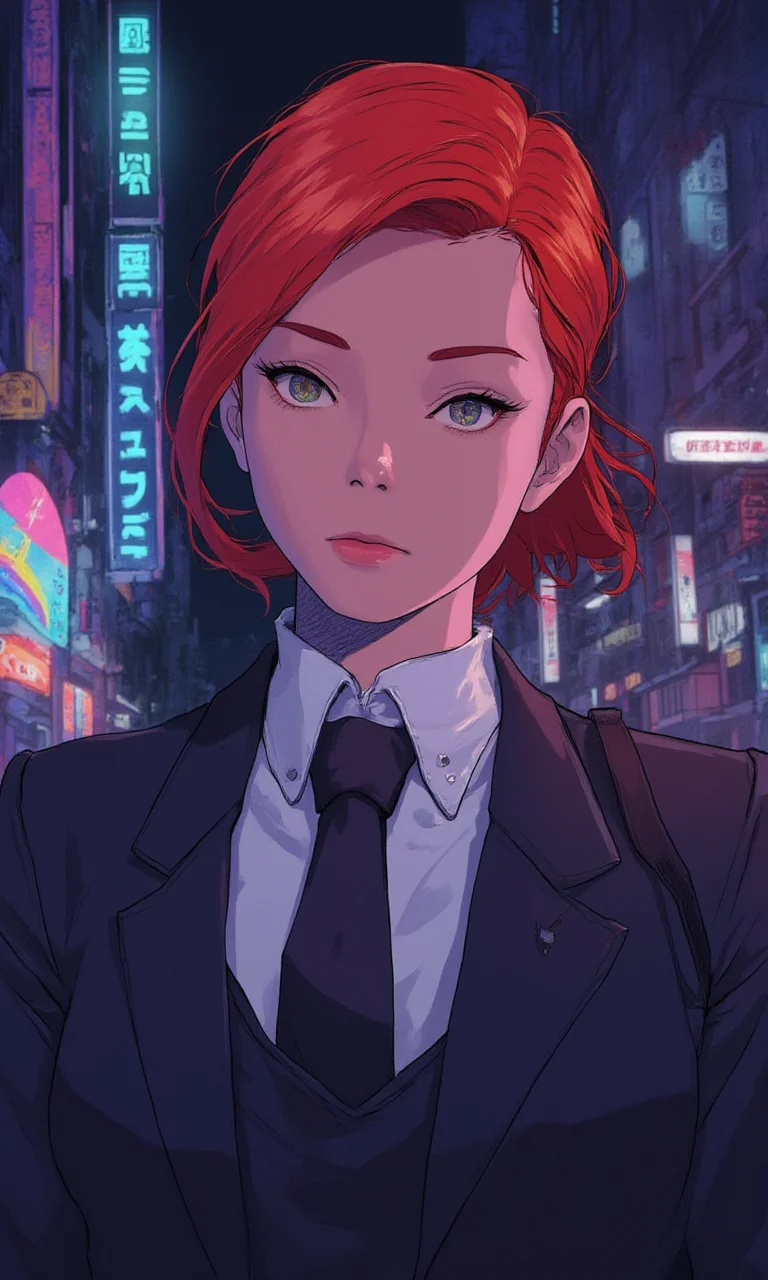 mature woman wearing a suit and tie close up portrait photo , red hair, green eyes, closeup on facecyberpunk anime city at night, comic illustration<lora:Flux\mine\smalleyes.safetensors:0.5:0.5> <lora:Flux\CPA.safetensors:1.0:1.0>